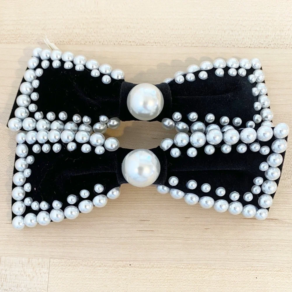 ANTHROPOLOGIE Black Velvet Pearl Bow Set NEW Hair Accessories